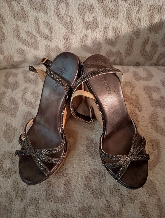 Jimmy Choo Shoes - Jimmy Choo Bronze Metallic Crystal Strappy Wedge Sandals